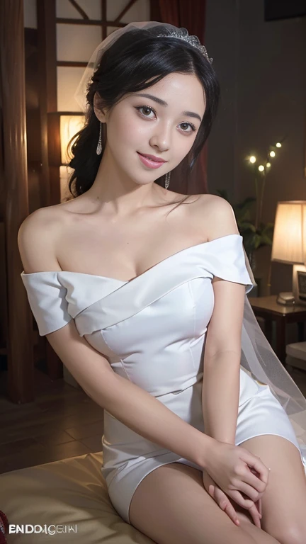 Young girl in wedding dress and updo, Off-shoulder neckline, and a long veil. her face is young and innocent, Looks like a . She looks at the camera with a playful expression. Detailed artwork with vivid illustrations, Realistic colors, Capture every detail. The medium of digital painting, Guaranteed best quality and high resolution (4K or 8K). soft and romantic lighting, creating a dream-like atmosphere. The overall color is warm and gentle................, Highlight the joy and beauty of your wedding scene.frontage、full body Esbian、A smile