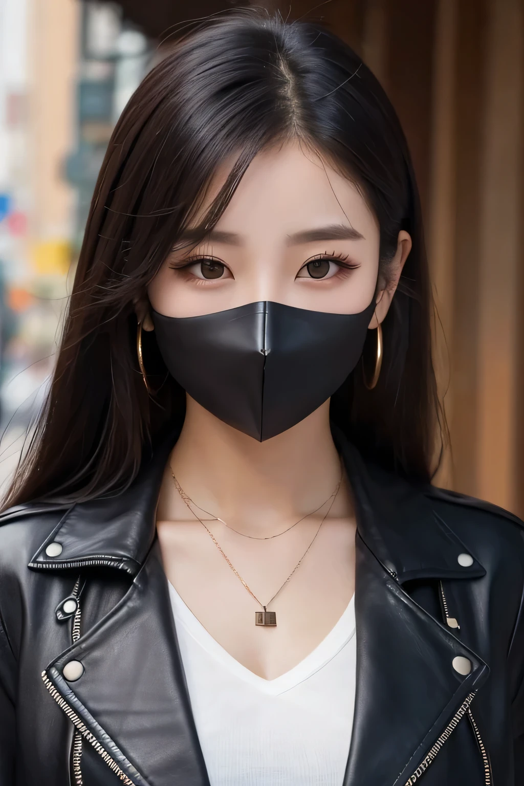 Beautiful young woman of the year、 Korean women、Thick black hair、Necklace around the neck、leather jacket、shirt、Mask on mouth、Intricate details, Very detailed:1.2), 、 Looking into the camera,The background is the town、Ear piercing
、Ear piercing