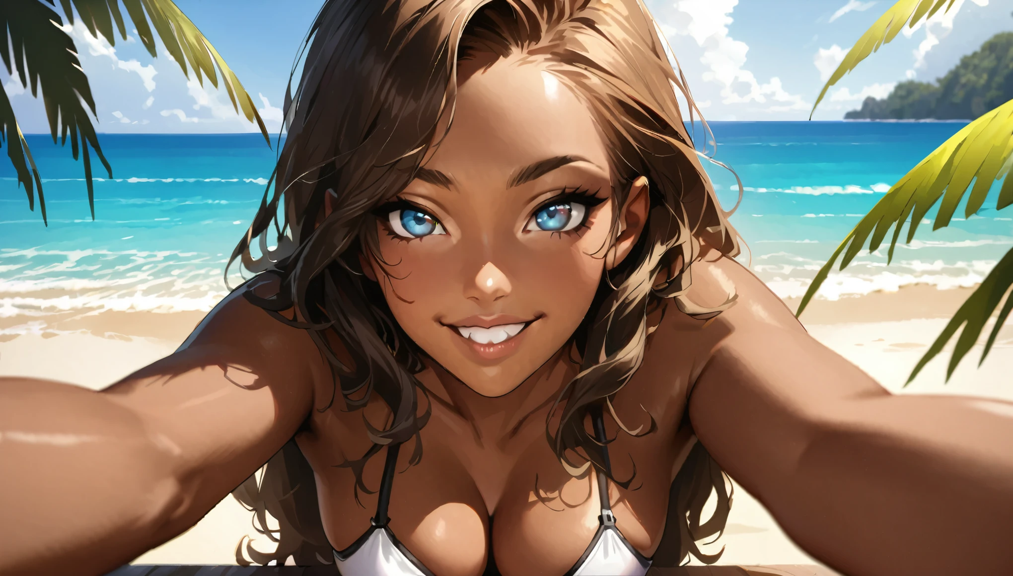 16 year old girl with a realistic smile、(Detailed face, Perfect Face, Perfect Eyes, Realistic eyes),bikini、Emphasize cleavage、sexy brown skin tone、Sexy pose、Tropical Beach