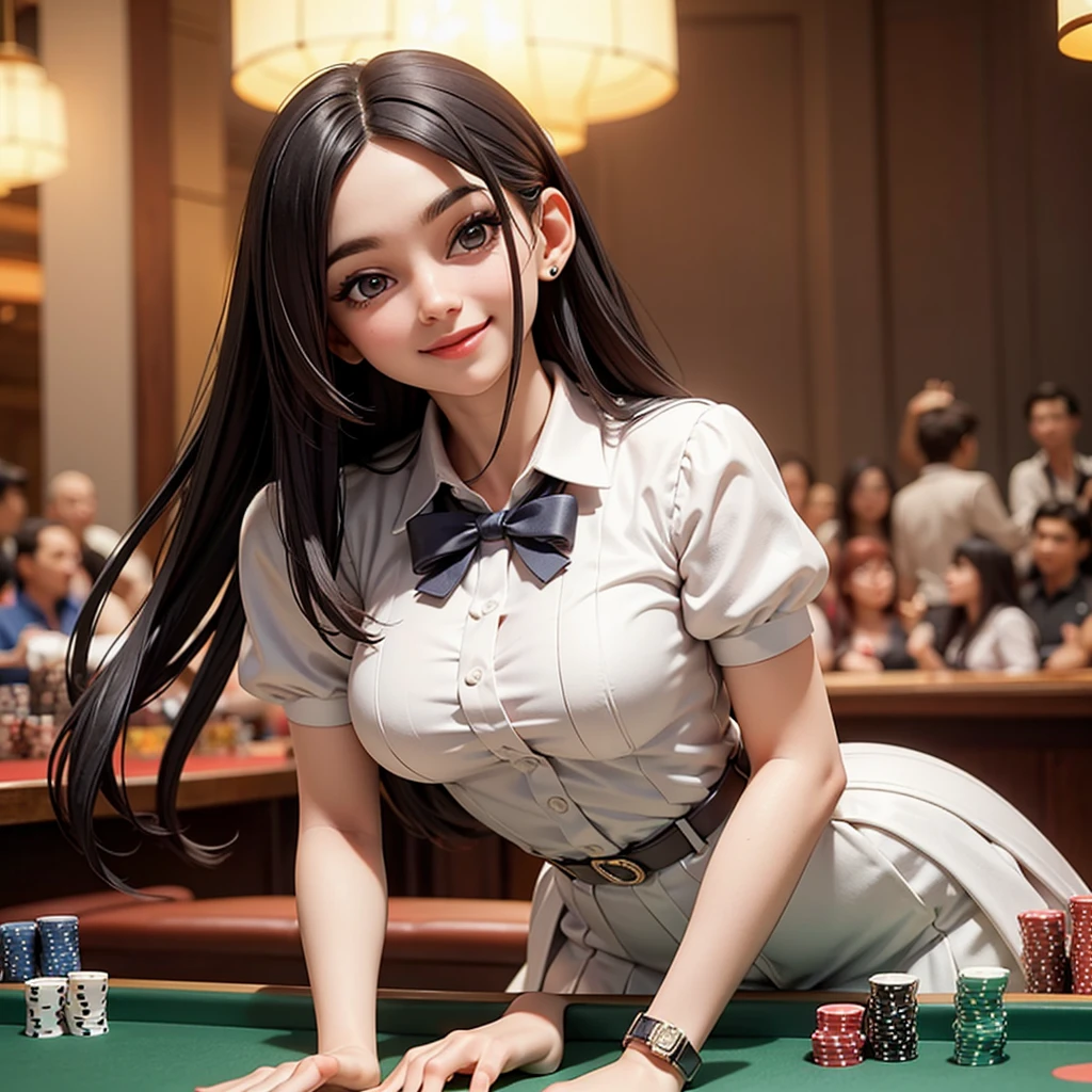 one girl, luxurious casino, elegant, opulent, card table, rich people, people playing cards in background, croupier, customer service, wearing indonesia high , poker table, happy pretty smile, flirting you, loooking at you, in the middle thinking of you, fantasy