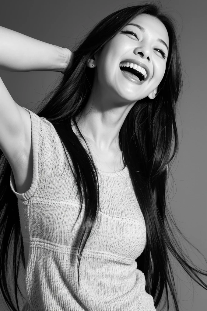 Horror image, black and white image, woman facing this way, raising her left hand, laughing with her mouth open, black hair parted in the middle, long hair, abnormally long neck