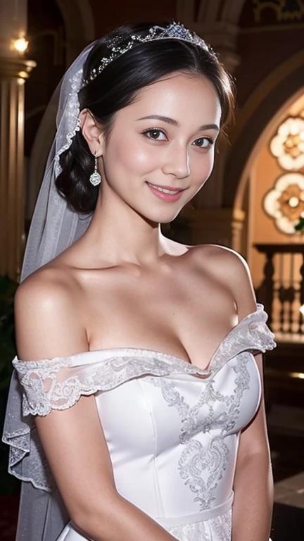Young girl in wedding dress and updo, Off-shoulder neckline, and a long veil. her face is young and innocent, Looks like a . She looks at the camera with a playful expression. Detailed artwork with vivid illustrations, Realistic colors, Capture every detail. The medium of digital painting, Guaranteed best quality and high resolution (4K or 8K). soft and romantic lighting, creating a dream-like atmosphere. The overall color is warm and gentle................, Highlight the joy and beauty of your wedding scene.frontage、full body Esbian、A smile