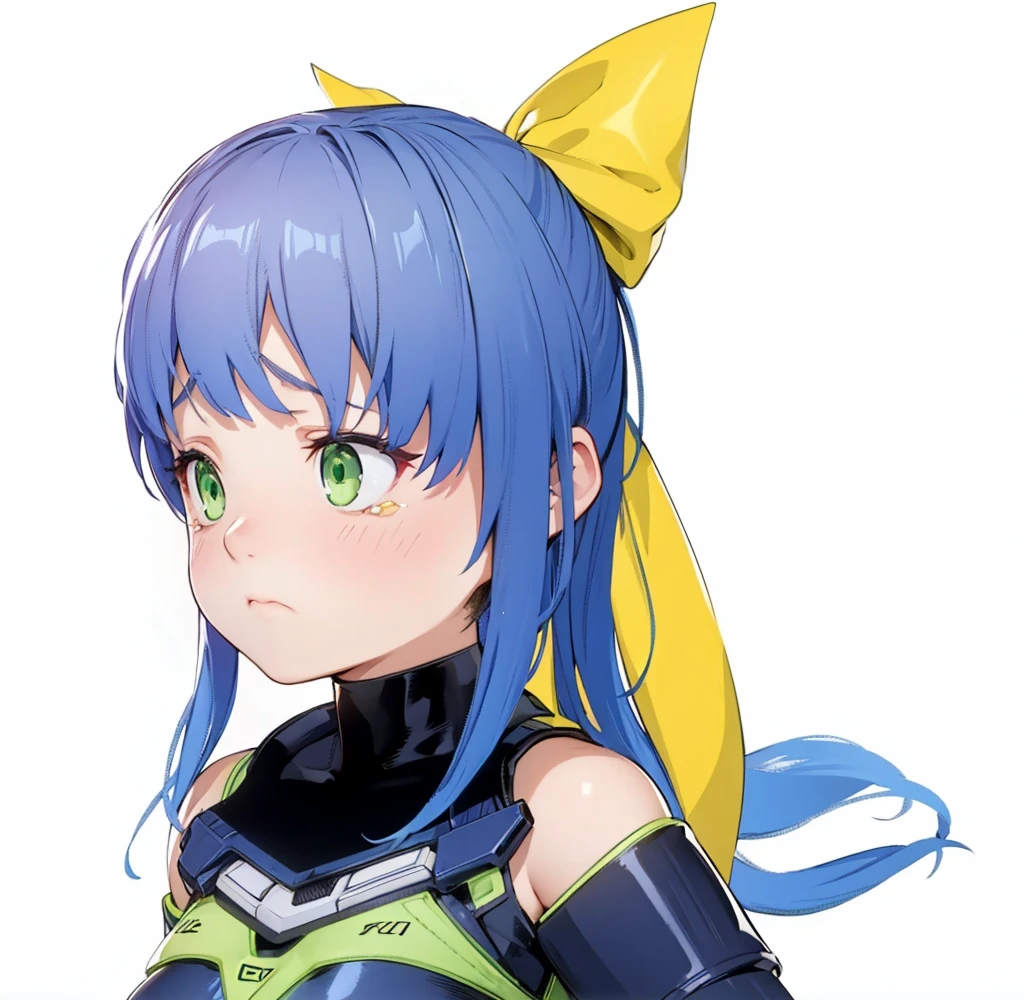beautiful girl,(sad:1.4),Eyes Wide Open,(Surprise:1.4),shock,Green Eyes,Blue Hair,Yellow ribbon,ponytail,Bodysuits,4k,8k,highest quality