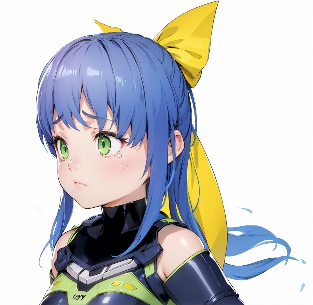 beautiful girl,(sad:1.4),Eyes Wide Open,(Surprise:1.4),shock,Green Eyes,Blue Hair,Yellow ribbon,ponytail,Bodysuits,4k,8k,highest quality