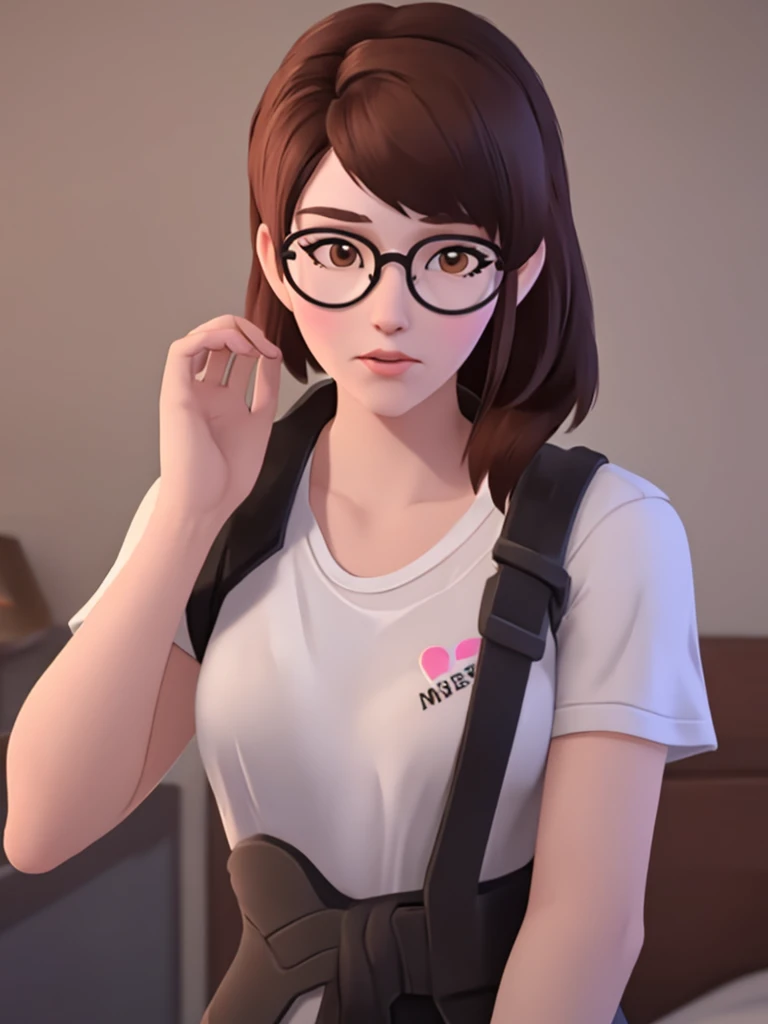 DVA from Overwatch without her roboter, 1 girl solo in her bedroom, a plain white t shirt, round glasses, tied up short brown hair, full upper body, 8k, overwatch cinematic, high res, cgi, physically based render