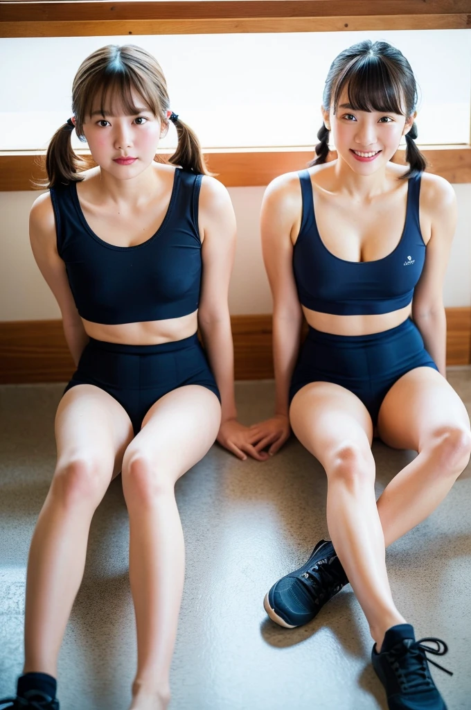 2 girls gym sitting with knees up on floor in wooden school classroom,white plain t-shirt with navy blue trim,navy blue speedo briefs,18-year-old,bangs,a little smile,large bare thighs,knees,short hair with low pigtails,from before,front light