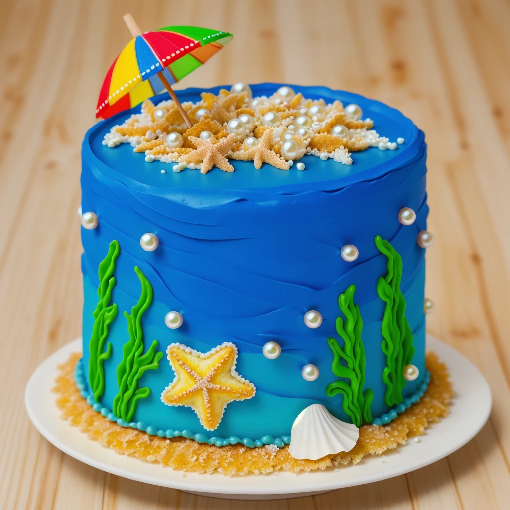 on a wooden table, there is a white plate with cake. blue cream cake. green cream in the form of seaweed. white pearls. shell and starfish made of polymer clay. yellow bread breading in the form of sand. colorful paper umbrella. realistic style. reality texture. Detailed texture . high quality photo. bright lighting. beautiful light. High quality. a high resolution. macro photography. ultra hd 8k