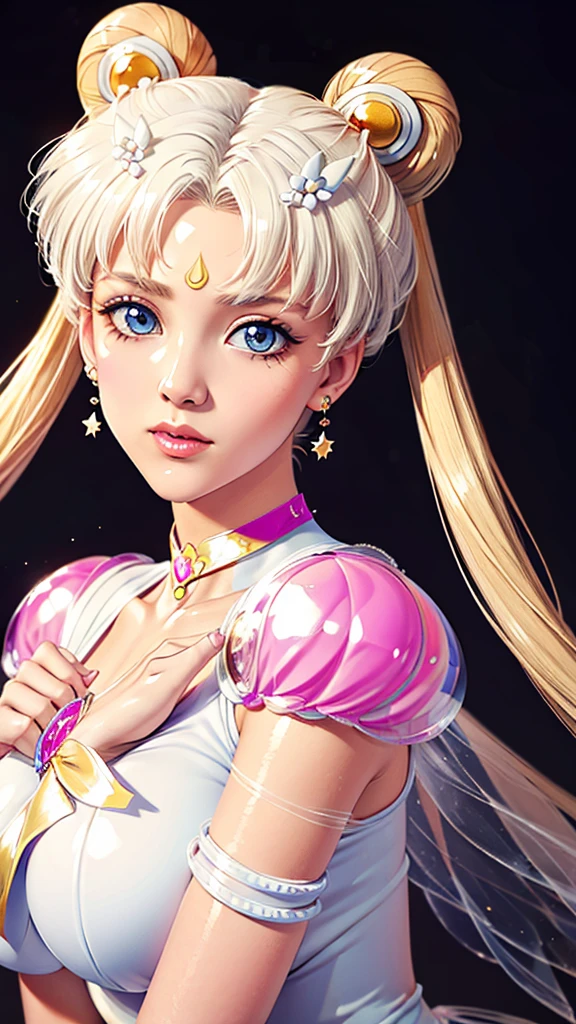 (（（Perfect body,White and tender skin,（（（Yellow layered skirt Pink puffy sleeves White gloves White boots Wing brooch Red choker Red ribbon Wings Hairpin Red bun cover Golden crescent forehead mark）））,（（（EternalSM ，Slender and soft golden hair, crystal clear and delicate skin, bright blue big eyes, thin cherry colored lips,,）））,((masterpiece)),highres,((Best quality at best)),masterpiece,quality,Best quality,(（（ Exquisite facial features,Looking at the audience,There is light in the eyes,(（（lol，happy））），）））,（（（Light and shadow,Huge breasts,）））,（（（Looking at the camera,black background,)））)
