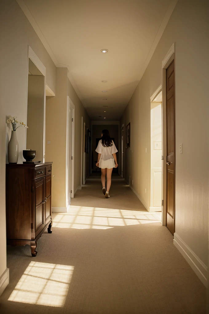 A girl walk in a hall way