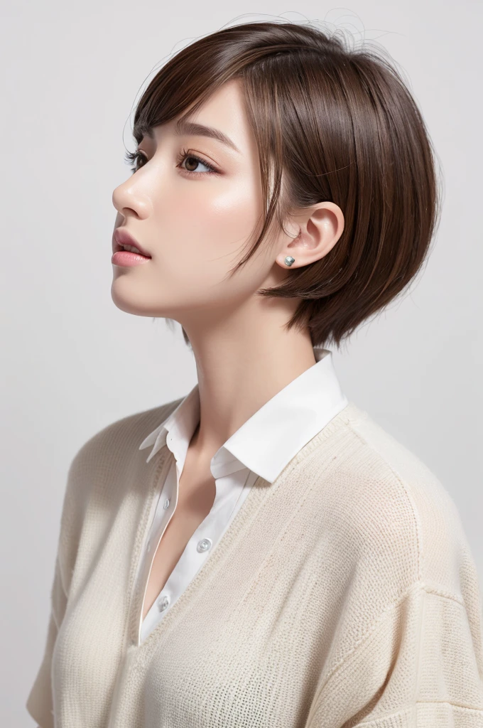 (highest quality、Tabletop、8k、Best image quality、Award-winning works)、((profile:1.4))、ear、((short hair:1.46)),(Brown Hair)、(White casual clothes:1.2)、(The simplest pure white background:1.3)、(Perfectly fixed in front:1.1),(Portrait with Space:1.2)、Beautiful and exquisite、Perfect Makeup、Ultra-high definition beauty face、Ultra HD Hair、Ultra HD Shining Eyes、Super high quality glossy lip、Accurate anatomy、Very beautiful skin、(Pure white skin shining in ultra-high resolution:1.1)、(Very bright:1.2),Big Natural Color Lip、Lip gloss,Harajuku、cute、cute美人