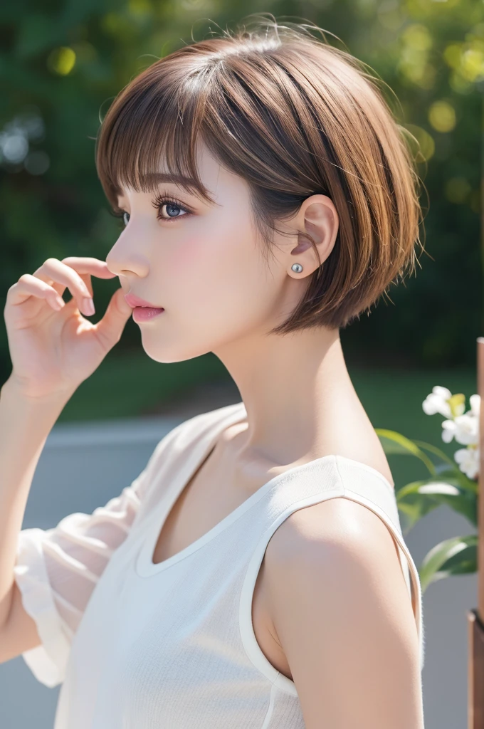 (highest quality、Tabletop、8k、Best image quality、Award-winning works)、((profile:1.4))、ear、((short hair:1.46)),(Brown Hair)、(White casual clothes:1.2)、(The simplest pure white background:1.3)、(Perfectly fixed in front:1.1),(Portrait with Space:1.2)、Beautiful and exquisite、Perfect Makeup、Ultra-high definition beauty face、Ultra HD Hair、Ultra HD Shining Eyes、Super high quality glossy lip、Accurate anatomy、Very beautiful skin、(Pure white skin shining in ultra-high resolution:1.1)、(Very bright:1.2),Big Natural Color Lip、Lip gloss,Harajuku、cute、cute美人