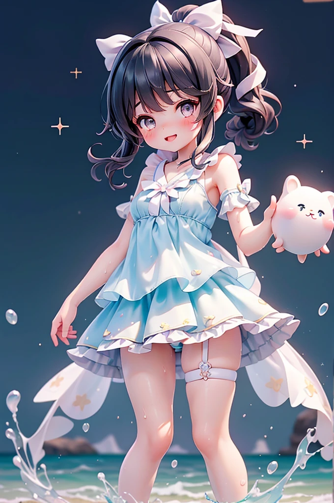 actor、ちいさなスーパーIdol、shy person、Tan Skin、(10歳のgirl)、(Beachで泳いだり)、(Wet school uniform)、(Wet and see-through uniform)、(Laughing)、((highest quality、8K、masterpiece:1.3))、girl、White Dress:1.1、Cute girl、Primary school students、Young Girl、(Flat Chest)、(Small breasts)、(((Acup)))、bust75centimeter、Idol、Droopy eyes、yellow、Small and delicate body、Slender、Super detailed face、(Big eyes:1.2)、Make your eyes clearer、double eyelid、Ultra-high resolution,、Wide forehead、No makeup、Realistic eyes and facial details, Perfect teeth alignment、Perfect eyes and a perfect mouth、 Cheerleader、スクールSwimwear、Bloomers、1girl、Gravure pose、ponytail、Charm、髪をかき上げながら笑顔でWink、Beach、mini skirt、gold、Beautiful Supermodel, Dark Eyes、Wink、Swimwear、bikini、slender、(Acup)、Fairy、ballerina、Shiny satin fabric、Pool Party、Perfect Face、Perfect Eyes、Narrow waist、ribbon、beautiful girl、(Short Hair)、ribbonの髪飾り、Garter Ring、マイクロbikini、(masterpiece), Beautiful Face, 、 Beautiful Eyes, Black Hair, very cute, 8 Life-size,8k resolution, elegant, Approaching perfection, A stunningly beautiful (1girl:1.1), Ultra-high resolution, Best Quality, Small round face, Big eyes, Highly detailed face and eyes, Slenderの, Thin thighs, Make your legs thinner,