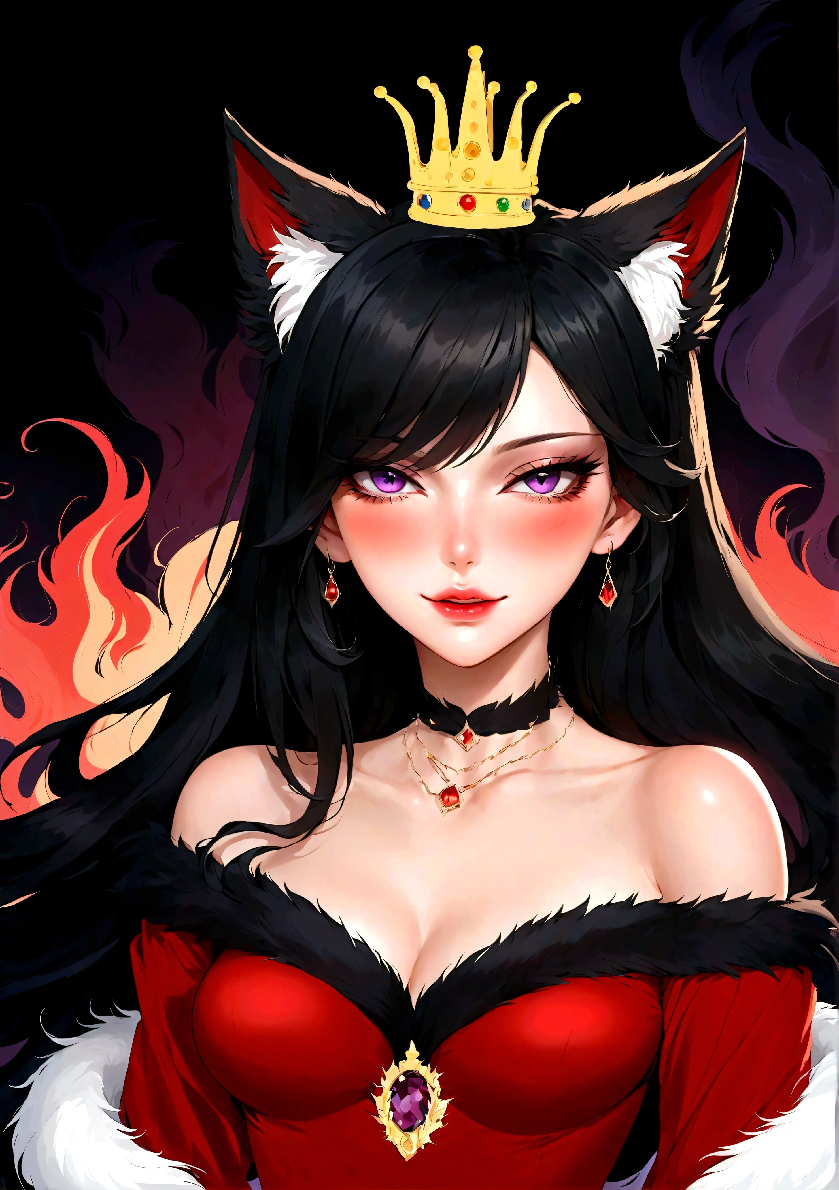 Anime illustrations，Smooth lines，clean and simple：美丽的女孩有一颗Beauty mark，Beauty mark：1.37，Black dots，(((She has a beauty spot:1.37)))，Purple Eyes，Delicate lashes，Smooth skin，Long black hair，Wolf ears， Small Crown，Red dress with fur collar，Flame Background。Correct human anatomy