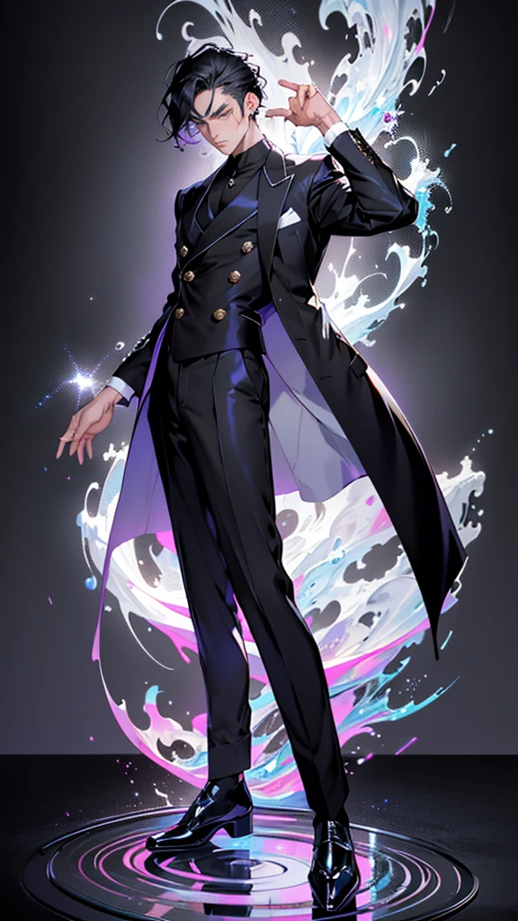 Korean Beautiful Idol Gentleman Anime, adorned with stylish black hair, expounds an air of elegance while standing proudly against a gripping grey background. He dons a glittery light royal blue double-breasted pent coat, the first button artfully open, exuding a sense of casual sophistication as he reveals a sleek black inner shirt. A polished pair of black, shiny dress shoes complete his dapper ensemble. His captivating full-body pose is further enhanced by an animated flourish, invoking a dynamic and captivating image.