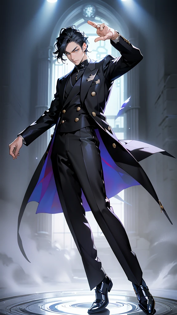 Korean Beautiful Idol Gentleman Anime, adorned with stylish black hair, expounds an air of elegance while standing proudly against a gripping grey background. He dons a glittery light royal blue double-breasted pent coat, the first button artfully open, exuding a sense of casual sophistication as he reveals a sleek black inner shirt. A polished pair of black, shiny dress shoes complete his dapper ensemble. His captivating full-body pose is further enhanced by an animated flourish, invoking a dynamic and captivating image.