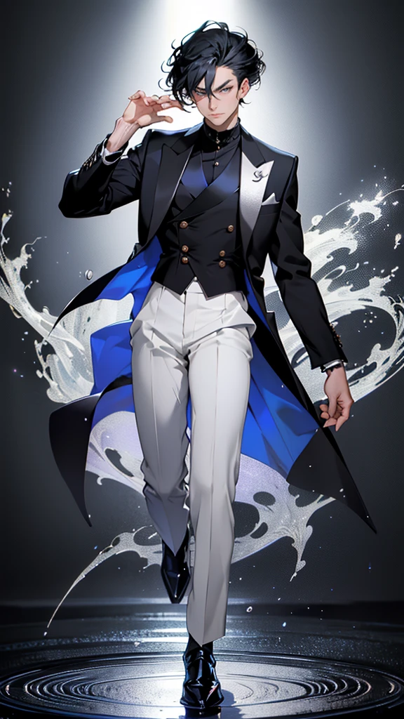 Korean Beautiful Idol Gentleman Anime, adorned with stylish black hair, expounds an air of elegance while standing proudly against a gripping grey background. He dons a glittery light royal blue double-breasted pent coat, the first button artfully open, exuding a sense of casual sophistication as he reveals a sleek black inner shirt. A polished pair of black, shiny dress shoes complete his dapper ensemble. His captivating full-body pose is further enhanced by an animated flourish, invoking a dynamic and captivating image.