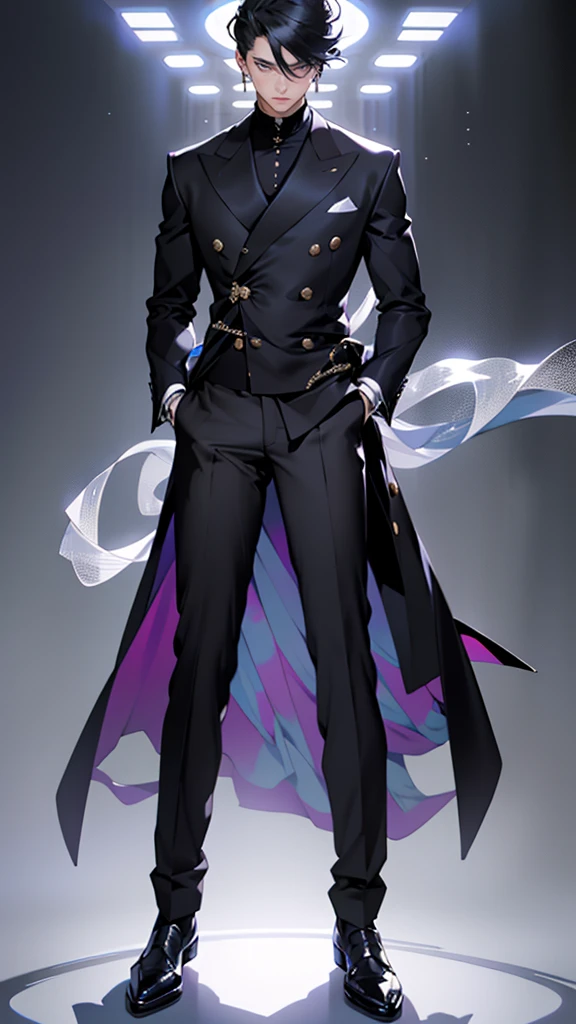 Korean Beautiful Idol Gentleman Anime, adorned with stylish black hair, expounds an air of elegance while standing proudly against a gripping grey background. He dons a glittery light royal blue double-breasted pent coat, the first button artfully open, exuding a sense of casual sophistication as he reveals a sleek black inner shirt. A polished pair of black, shiny dress shoes complete his dapper ensemble. His captivating full-body pose is further enhanced by an animated flourish, invoking a dynamic and captivating image.