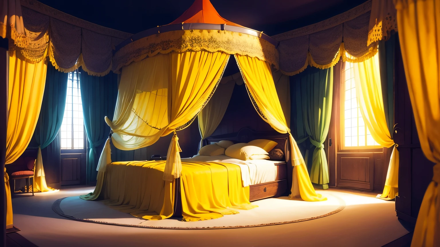((Bedroom interior wide angle at night,Different world scene,Tent,Yellow curtains)),Retro,middle Ages,luxury,Princess bedroom