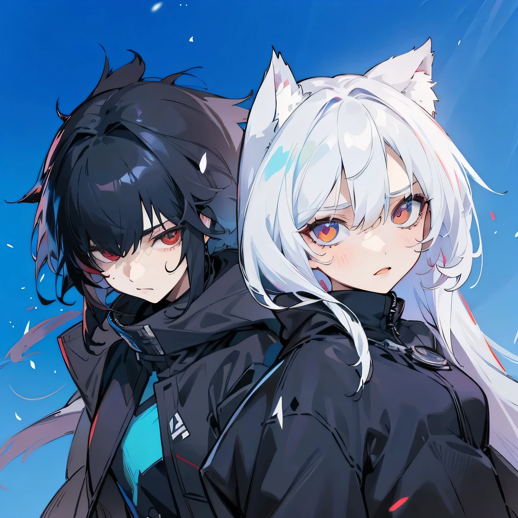 1 man and 1 woman, black jacket,Black hair and white hair, burning eyes, anime, realistic, 4k