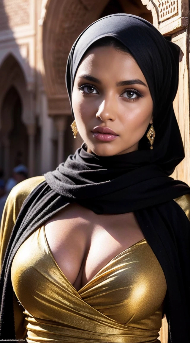 moroccan girl, brunette, (Traditionally revered cover dress), (A very loose headscarf that shows the curls.), (Morocco Market Environment), masterpiece, best quality, very detailed, (Beautiful and detailed eyes Beautiful and detailed face), (best quality), (very detailed), (masterpiece), (high resolution), (original), surreal.