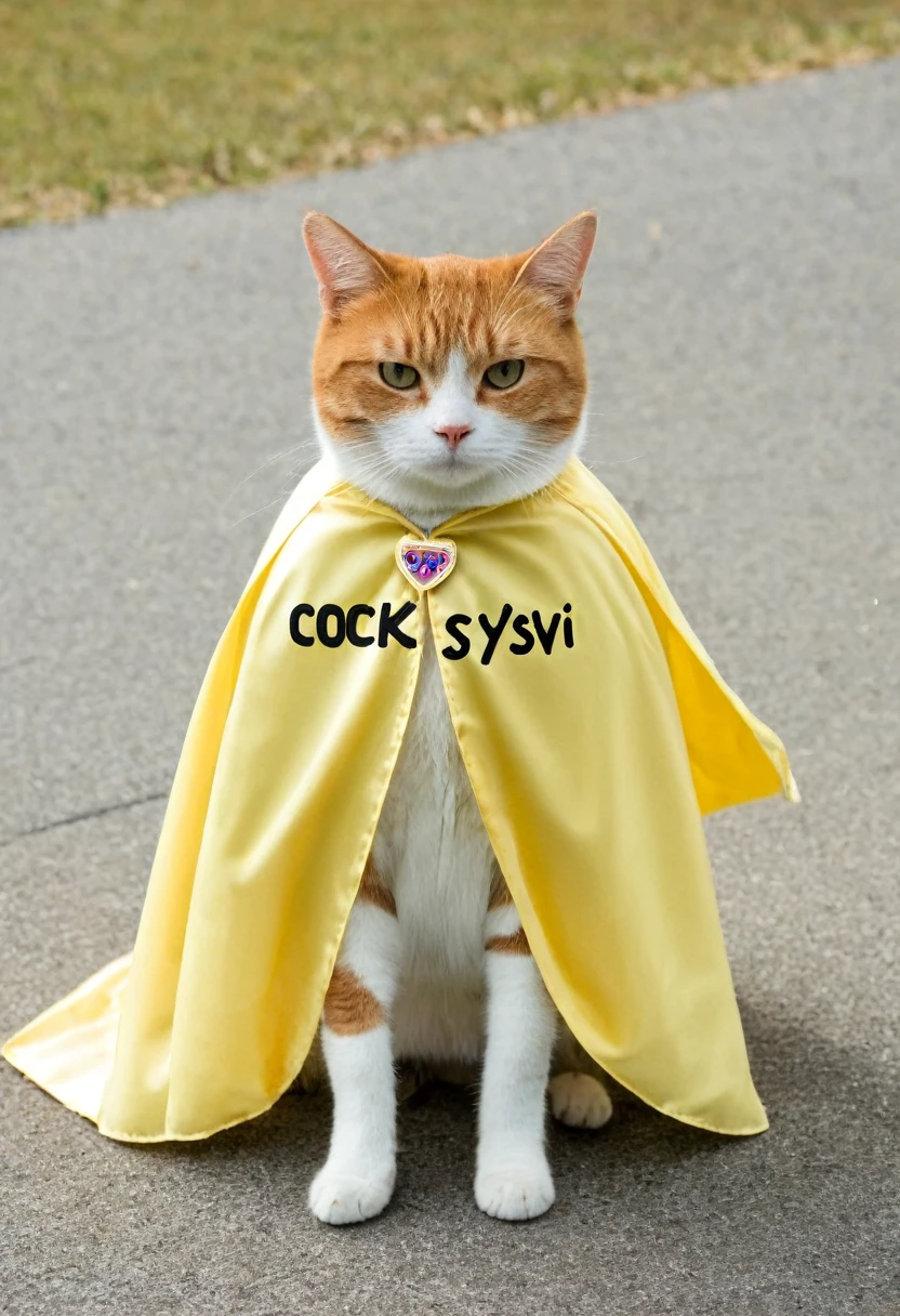 cat wearing cape, written "Ocksyi" on the cape, detailed written "ocksyi" on the cape