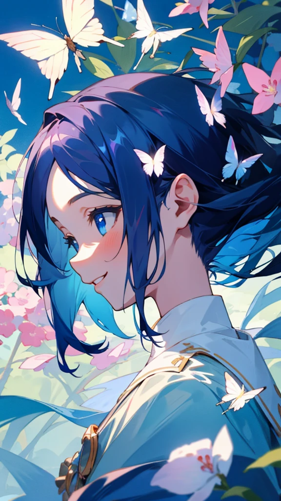 (highest quality,masterpiece,Surreal),Dark blue hair、blue eyes、smile、profile、Beautiful and delicate girl portrait,Playful and cute,Background Petals fluttering,