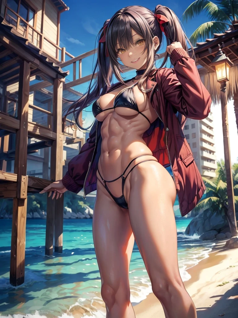 my girl NICE!,I love you eternally!, beautiful teeth,(((Medium chest))) (((Huge Ass))) Beautiful and cute woman, Wearing only a black mini bikini, Slightly longer hair and sleeves, Twin tails, smile, At the beach at night, (thin), (thin thick), (Narrow waist), (Just dull), 8k, (((Ichika Amasawa))), Red ribbon in hair, Yellow Eyes, Excellent anatomy, Perfect hands, (((Perfect legs and muscles))), ( (Thick thighs), thin waist, Muscular abdomen, barefoot