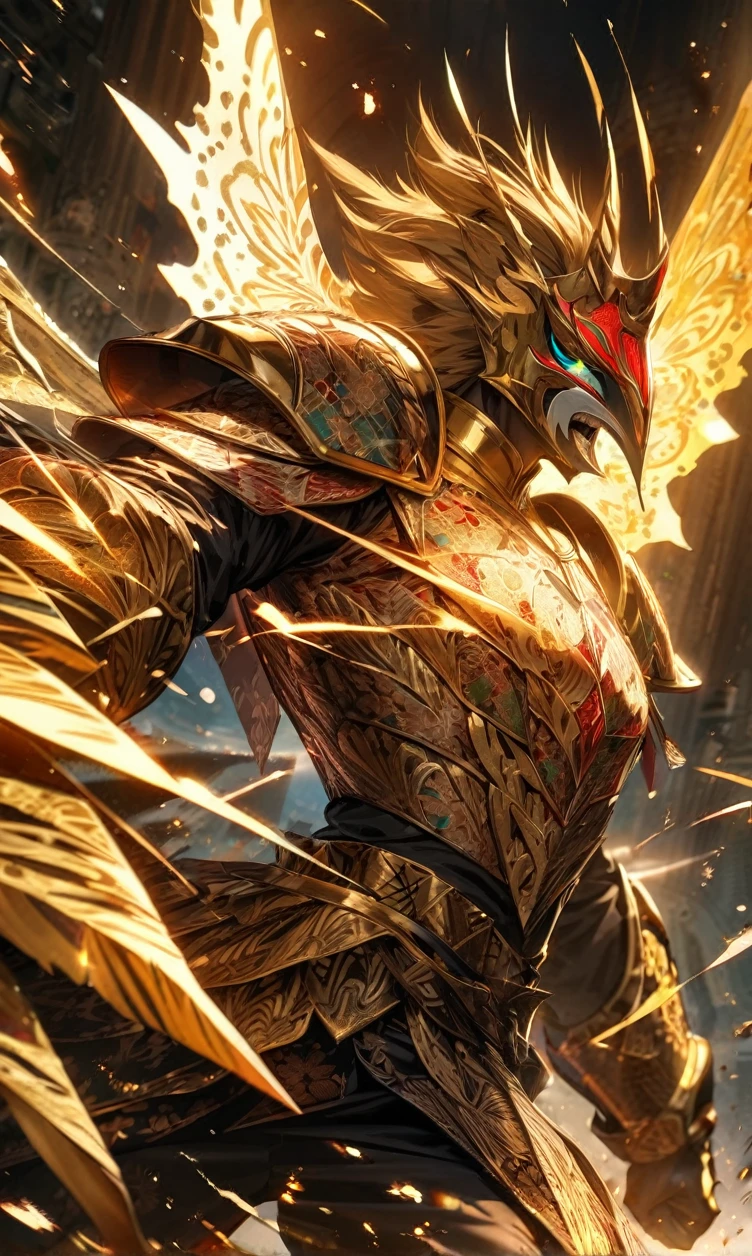 absurdres, highres, ultra detailed, HDR, masterpiece, extremely detailed face and eyes,Indonesian knight,Epic wings,red and white Garuda armor knight , Garuda knight mask, , Indonesia batik pattern , solo, man, handsome, ,, , Epic fight scene, golden splashing effect, golden effect,glowing glitters