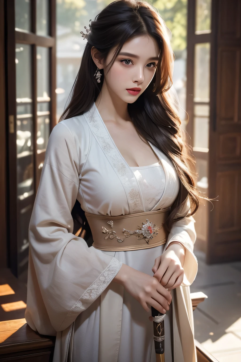 High-quality work,Realistic works,Super premium graphics,8K HD CG works,high quality graphics,High-definition and exquisite CG works,10x pixels,Ultra-fine details:1.1,Advanced technical details:1.1Realistic photo effects,Interior lighting effects:1.5,natural soft light:1.5. Light effect(Virtual light effects:1.8),Ultra-high resolution,shining dress,sliver long hair,silber hair,transparenthair,high detailed hair(Quality hair details:1.1)Clear eyes,Double eyelids look good,Sharp eye makeup, Create exquisite eyelash makeup, tthin eyebrows, Ultra-detailed eyes,a tall nose, lovely red lips, rosey cheeks, With delicate makeup on her face , pretty face, The face shape is perfectly proportioned,(Advanced facial details:1.1) ,1个Giant Breast Girl,Hold the hilt of the sword in your hand,Sword in one hand,Long sword,Unsheathed sword,Sword in hand,Hanfu,Boots,Fingerless gloves,blossoms,mitts,petals,whaite hair,1个Giant Breast Girl,Fingerless gloves,blossoms,solo,arma,whaite hair,high detal,ultra-realistic realism,Verism,((Bust photo)),(real photograph:1.4),(lightand shade contrast),cinmatic lighting,Realistic special effects,C4D Rendering,rendering by octane,Ray traching,in a panoramic view,angle of view,textureskin,super detailing,hyper HD,tmasterpiece,anatomy correct,best qualtiy,A high resolution,8K,,Women's artwork,Dress full body video,Reality,Amazing Cleavage,My eyes are very bright today