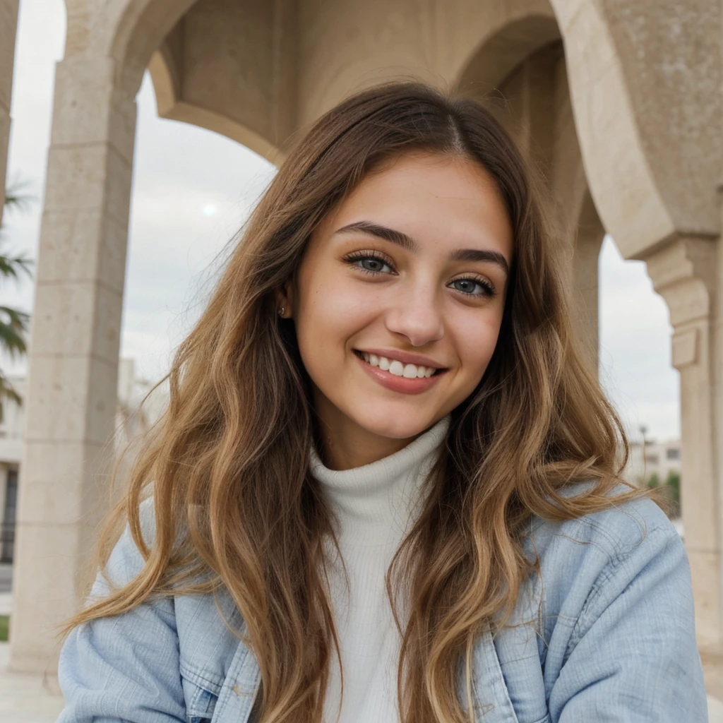 one cute women, 22YO, white, Arab, cute face, realistic brown eyes, blue jacket, blonde/brown hair, cute smile, skinny face, white realistic teethes, big eyes, long hair, no hands