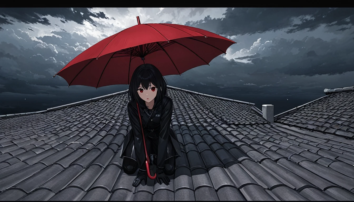 Ultra high definition animation. On a tiled roof with a chimney, a girl is crouching with a red umbrella. The sky is full of dark clouds. Detailed description of eyes, nose, and mouth