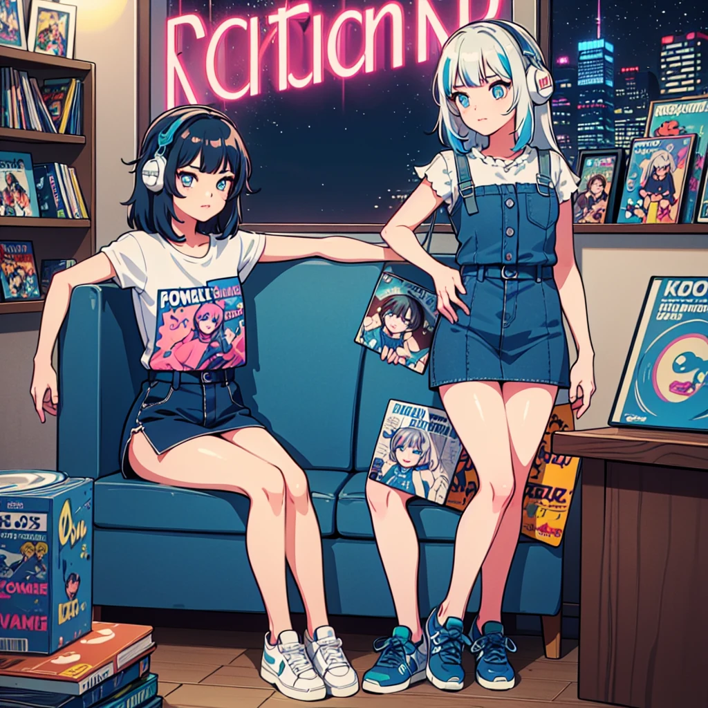 (masterpiece), highest quality, Expressive eyes, Neon pastel aesthetics, Retro 90s, Neon color,((Girl sitting on sofa,In a cozy room,Records hanging on her wall, Comic books on the floor, Looking out the window behind her at the night city, Upholstered room, Anime figures lined up on a shelf)), Wearing headphones, (All around her it sparkles), (wearing thick colorful sneakers), (blue eyes), (Soft look), (Synthwave Art Style), Colorful Hair, Desk with PC set up