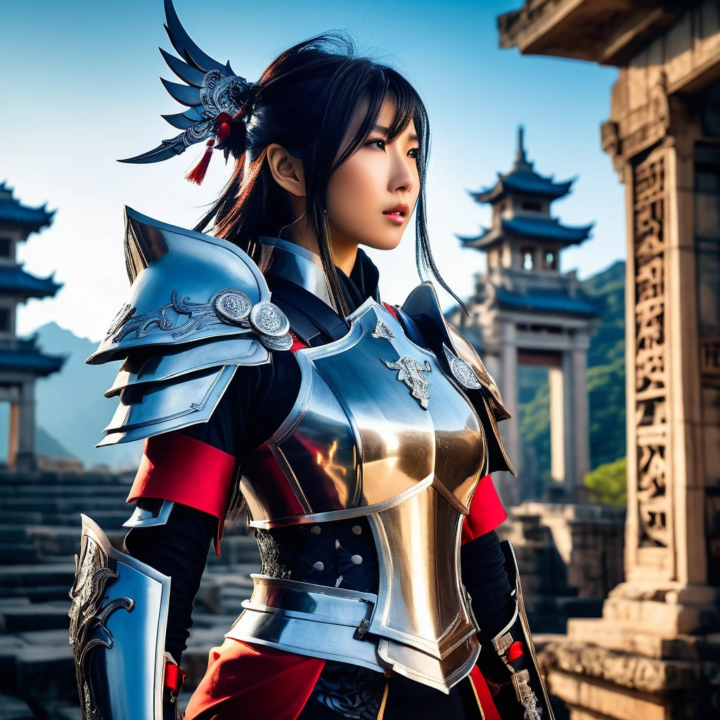 an Asian woman in elaborate cosplay inspired by Final Fantasy series in a blend of fantasy and realism with CGI effects, wearing detailed costume featuring armor, flowing fabrics, iconic accessories, dynamic and heroic pose capturing epic adventure, dramatic lighting, rich color palette, mystical landscapes, ancient ruins, futuristic cityscapes, balanced and visually striking composition