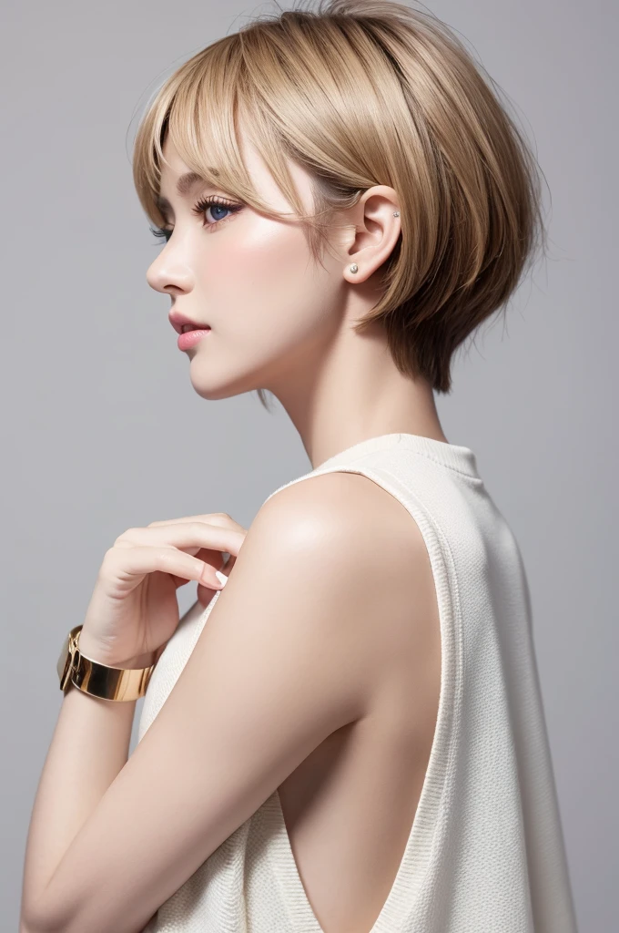 (highest quality、Tabletop、8k、Best image quality、Award-winning works)、((profile:1.4))、ear、((short hair:1.46)),(Brown Hair)、(White casual clothes:1.2)、(The simplest pure white background:1.3)、(Perfectly fixed in front:1.1),(Portrait with Space:1.2)、Beautiful and exquisite、Perfect Makeup、Ultra-high definition beauty face、Ultra HD Hair、Ultra HD Shining Eyes、Super high quality glossy lip、Accurate anatomy、Very beautiful skin、(Pure white skin shining in ultra-high resolution:1.1)、(Very bright:1.2),Big Natural Color Lip、Lip gloss,Harajuku、cute、cute美人