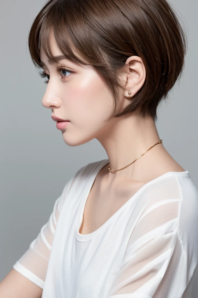 (highest quality、Tabletop、8k、Best image quality、Award-winning works)、((profile:1.4))、ear、((short hair:1.46)),(Brown Hair)、(White casual clothes:1.2)、(The simplest pure white background:1.3)、(Perfectly fixed in front:1.1),(Portrait with Space:1.2)、Beautiful and exquisite、Perfect Makeup、Ultra-high definition beauty face、Ultra HD Hair、Ultra HD Shining Eyes、Super high quality glossy lip、Accurate anatomy、Very beautiful skin、(Pure white skin shining in ultra-high resolution:1.1)、(Very bright:1.2),Big Natural Color Lip、Lip gloss,Harajuku、cute、cute美人