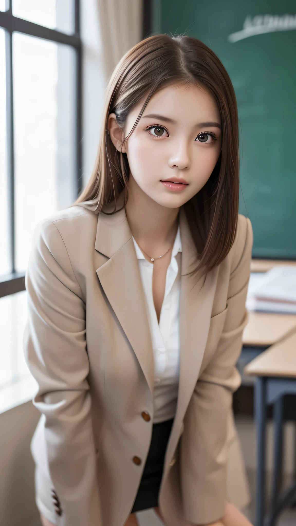 (1young woman), kawaii face, (highly detailed face), Amazing face and eyes, (Best Quality:1.4), (Ultra-detailed), (extremely detailed CG unified 8k wallpaper), Highly detailed, High-definition raw color photos, Professional Photography, Realistic portrait, Amazing face and eyes, Pink eyes, indoors, office, (office lady, suit, miniskirt,:1.3), brown hair, model, depth of fields, School, classroom,