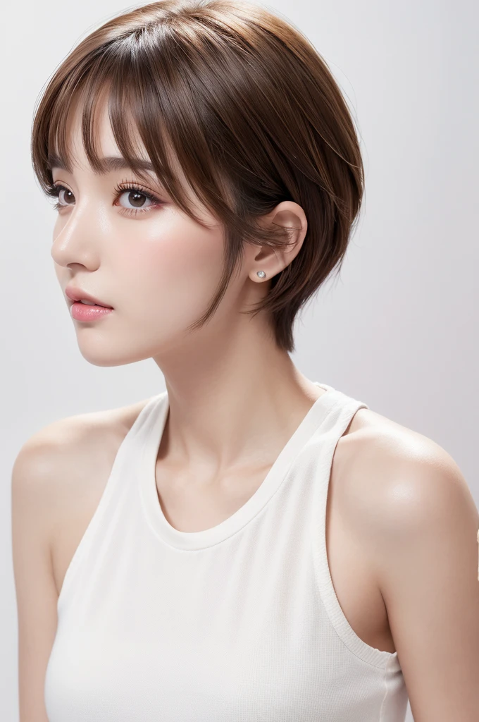(highest quality、Tabletop、8k、Best image quality、Award-winning works)、((profile:1.4))、ear、((short hair:1.46)),(Brown Hair)、(White casual clothes:1.2)、(The simplest pure white background:1.3)、(Perfectly fixed in front:1.1),(Portrait with Space:1.2)、Beautiful and exquisite、Perfect Makeup、Ultra-high definition beauty face、Ultra HD Hair、Ultra HD Shining Eyes、Super high quality glossy lip、Accurate anatomy、Very beautiful skin、(Pure white skin shining in ultra-high resolution:1.1)、(Very bright:1.2),Big Natural Color Lip、Lip gloss,Harajuku、cute、cute美人