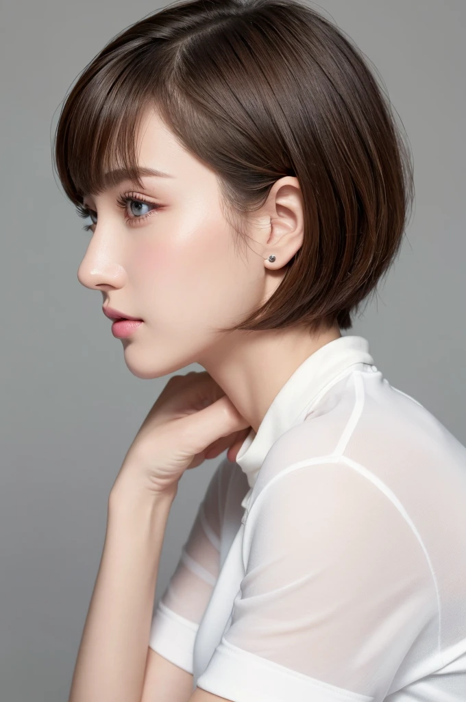 (highest quality、Tabletop、8k、Best image quality、Award-winning works)、((profile:1.4))、ear、((short hair:1.46)),(Brown Hair)、(White casual clothes:1.2)、(The simplest pure white background:1.3)、(Perfectly fixed in front:1.1),(Portrait with Space:1.2)、Beautiful and exquisite、Perfect Makeup、Ultra-high definition beauty face、Ultra HD Hair、Ultra HD Shining Eyes、Super high quality glossy lip、Accurate anatomy、Very beautiful skin、(Pure white skin shining in ultra-high resolution:1.1)、(Very bright:1.2),Big Natural Color Lip、Lip gloss,Harajuku、cute、cute美人