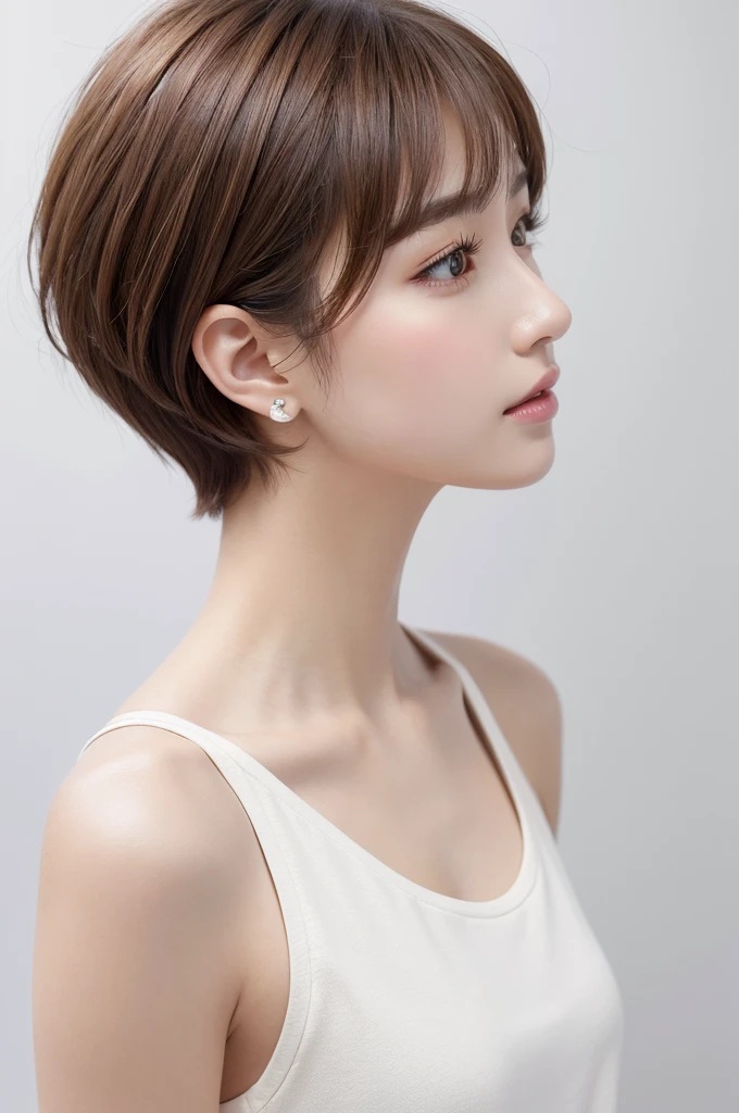 (highest quality、Tabletop、8k、Best image quality、Award-winning works)、((profile:1.4))、ear、((short hair:1.46)),(Brown Hair)、(White casual clothes:1.2)、(The simplest pure white background:1.3)、(Perfectly fixed in front:1.1),(Portrait with Space:1.2)、Beautiful and exquisite、Perfect Makeup、Ultra-high definition beauty face、Ultra HD Hair、Ultra HD Shining Eyes、Super high quality glossy lip、Accurate ???????、Very beautiful skin、(Pure white skin shining in ultra-high resolution:1.1)、(Very bright:1.2),Big Natural Color Lip、Lip gloss,Harajuku、cute、cute美人
