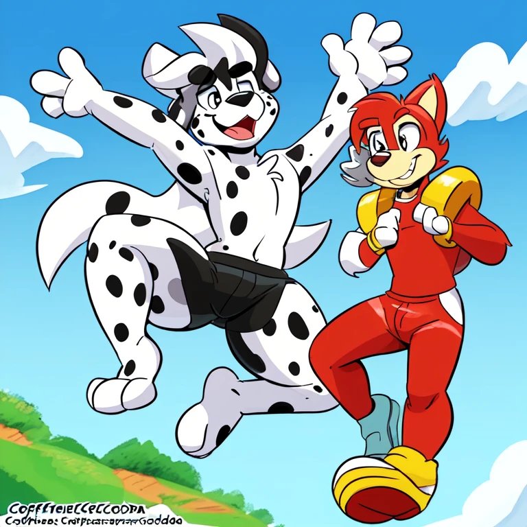 uploaded on e621, white female anthro Dalmatian, uploaded to e621, ((by Jon MCclenahan, by supercartoonist in devianart, by Dan Hassket, by Coffeesoda, by Supercartoonist, by Dan Hassket )), has thick thighs, wearing black swimming shorts, jumping like Mega man, high quality, crisp