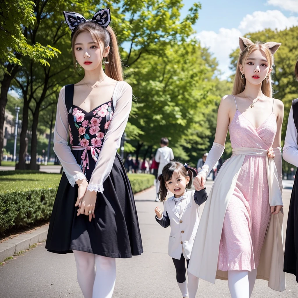 Four Various Age Boys In Colorful Kneelenght Dresses With FLOWERY Patterns, White Pantyhose And Ballet Flats, They long Blond Hairs Tied In Twin High Ponytails By Pretty Hair bows. They Have B Size Chest. They Ears Pierced By Pretty Earrings. They Walk Through the Park.
