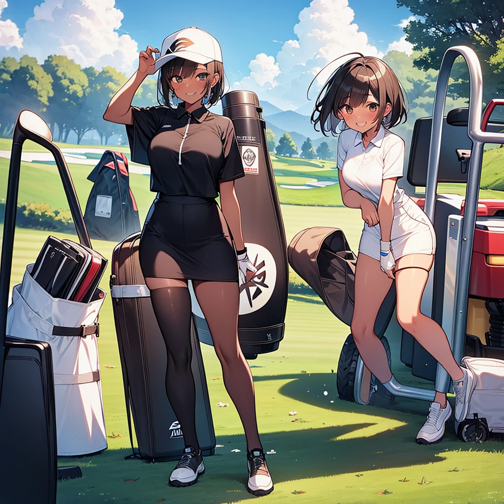 sound high resolution 8k beauty Woman playing golf Golf course Beautiful woman short hair Brown skin Golf Wear mini skirt smile looking at the camera Sunburn mark Tears victory tall