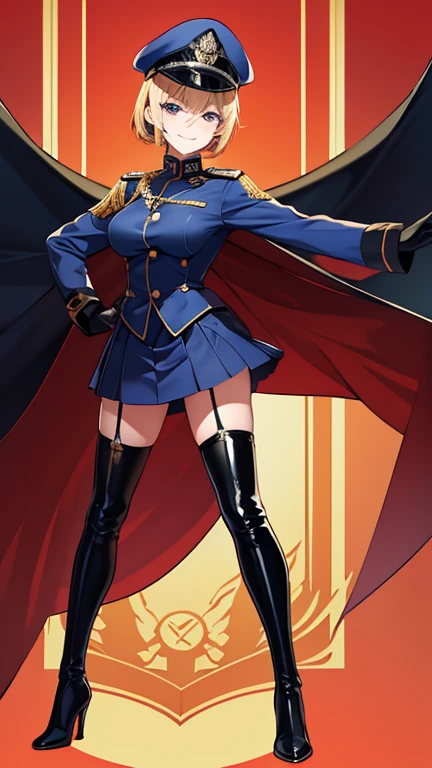 (highest quality,highest quality)、Female Officer、female soldier、uniform、Uniform cap、Mature Woman、NCO、Fallen into evil、female cadres、Exquisite breasts、Bewitching Smile、Villainess、Wicked Smile、latex、Long gloves、Thigh-high boots、Tight Skirt、slit、Strong gloss、Beautiful feet、lure、Venus flytrap、Fascinating、Standing posture