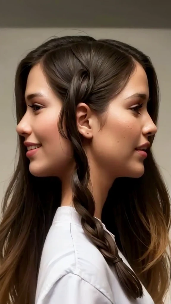 a girl with a head on both sides, girl avec de longs cheveux noirs, superbe portrait de visage, deux belles filles, conjoined woman,