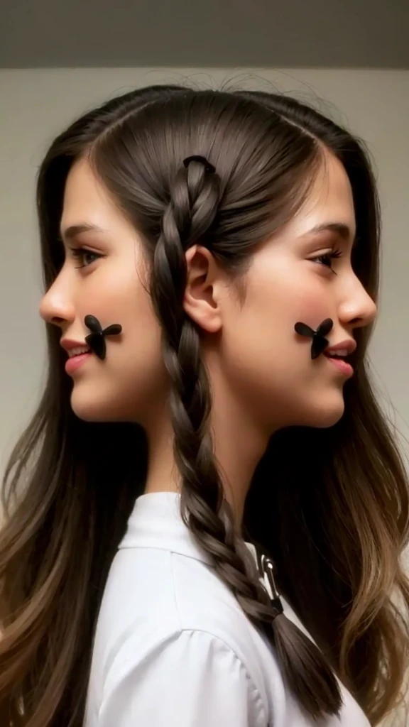 a girl with a head on both sides, girl avec de longs cheveux noirs, superbe portrait de visage, deux belles filles, conjoined woman,