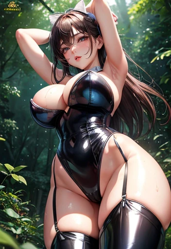 Korean Idol Campaign Girl Ultra-shiny patent leather leotard with sponsor logo Big Breasts High Leg garter belt Super shiny stockings Ultra-shiny patent leather evening gloves in the forest Underarm Drawn from below Sweat Place your hands behind your head