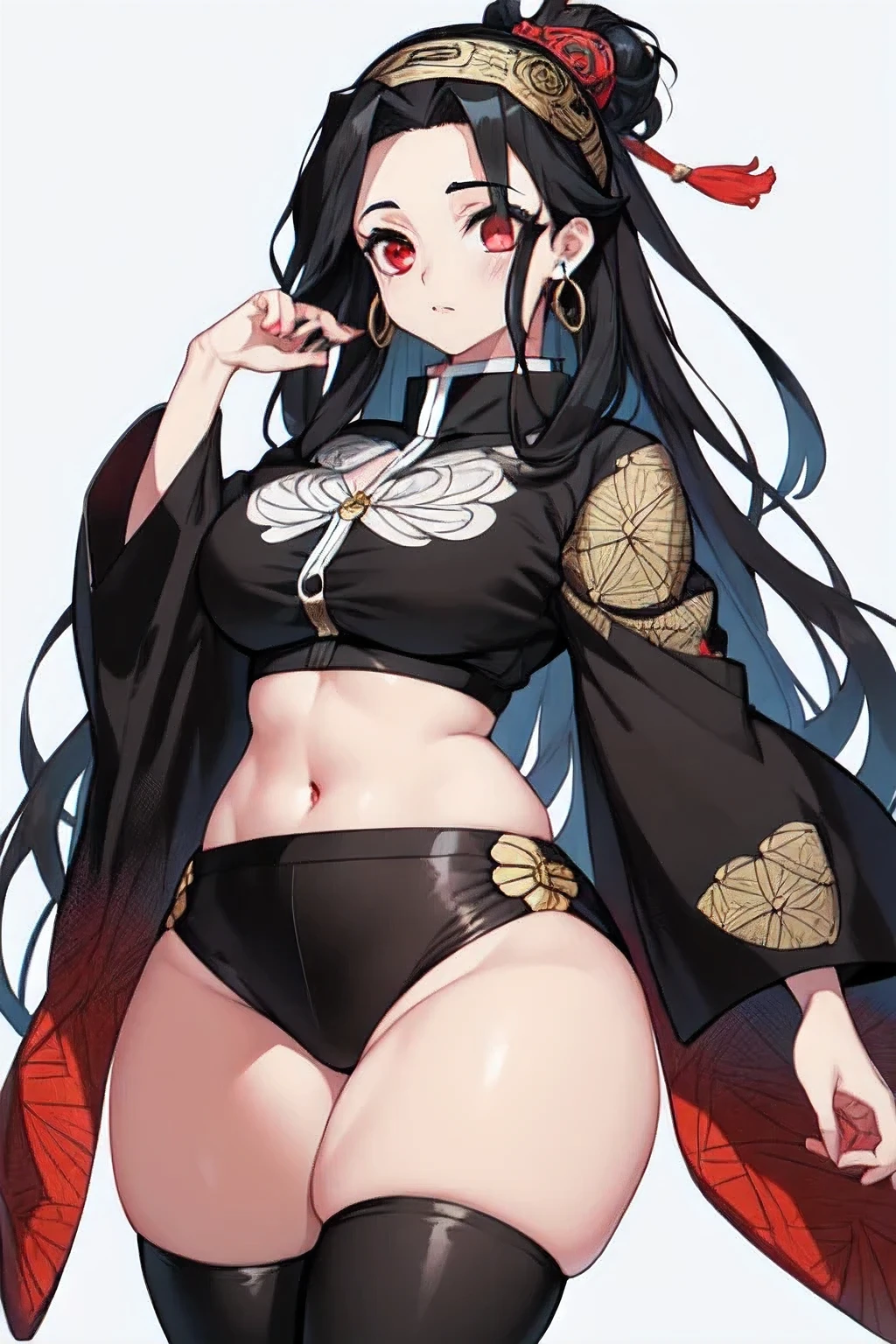 ((yor forger))), 1girl, solo, waifu, breasts,wide hips, thighs, fringe, earrings, (extremely detailed artwork), ((black hair)), ((pretty red eyes)), ((long black hair)), ((wearing a ornate gold headband)), ((style of Kimetsu No Yaiba))