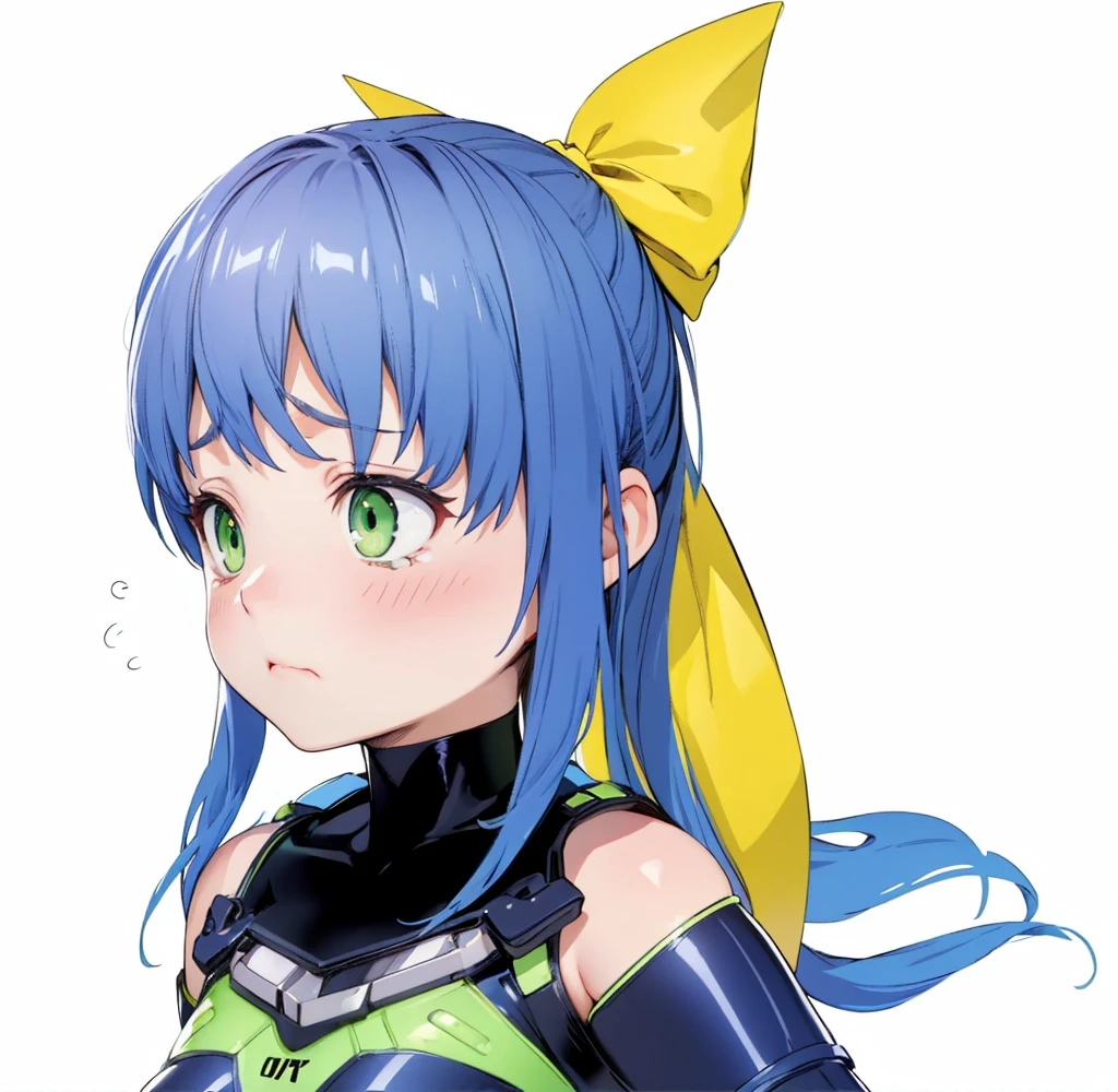 beautiful girl,(sad:1.4),(Eyes Wide Open:1.4),(Astonishment:1.4),shock,Green Eyes,Blue Hair,Yellow ribbon,ponytail,Bodysuits,4k,8k,highest quality