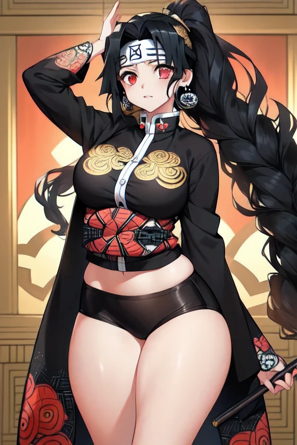 ((yor forger))), 1girl, solo, waifu, breasts,wide hips, thighs, fringe, earrings, (extremely detailed artwork), ((black hair)), ((pretty red eyes)), ((long black hair)), ((wearing a ornate gold headband)), ((style of Kimetsu No Yaiba))