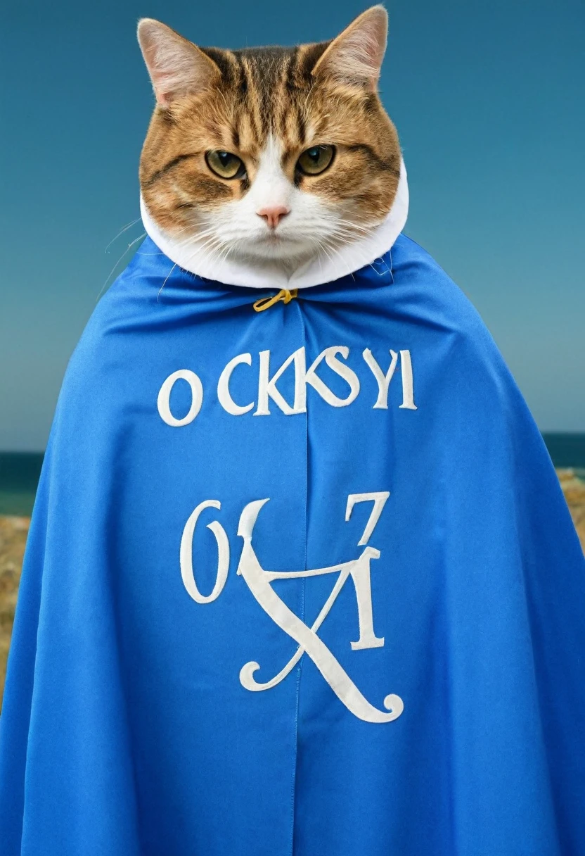 cat wearing cape, written "Ocksyi" on the cape, detailed written "ocksyi" on the cape, (Ocksyi)